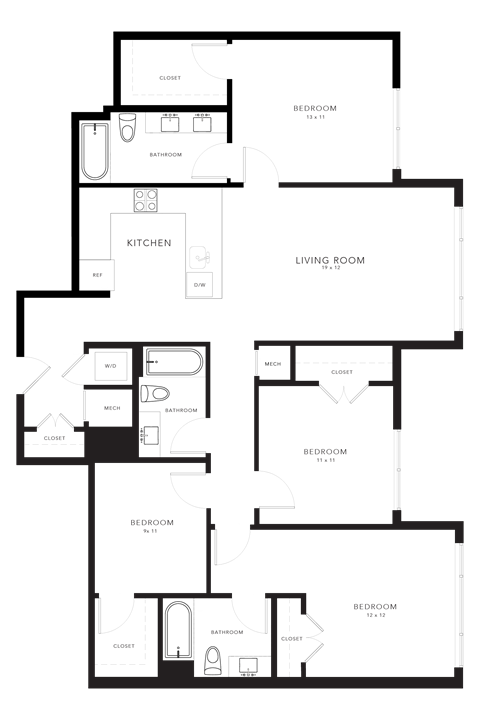 Floor plan for 4 beds, 3 baths, 1423 sqft